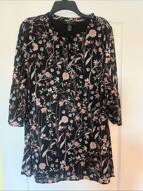 Style & Co. Black Floral Tie-Neck Blouse